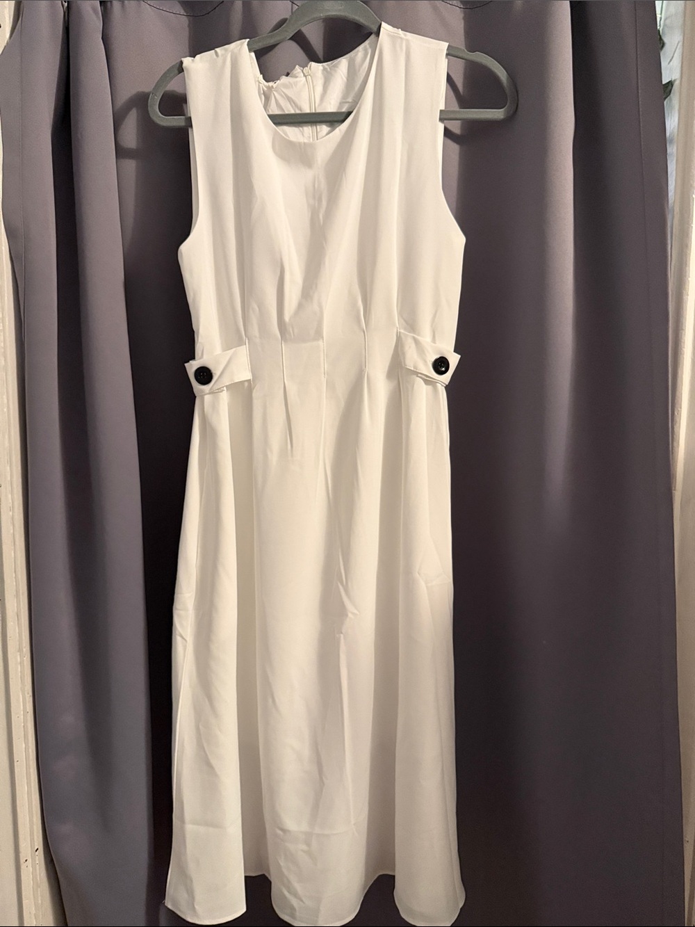 Sleeveless White Midi Dress with Side Button Tabs